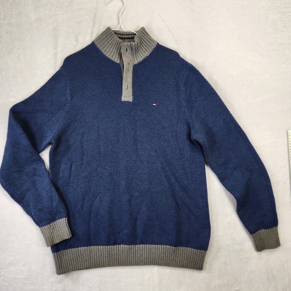 Tommy Hilfiger Men XL Blue Textured Knit Quarter Zip Mock Neck Sweater Grey Trim